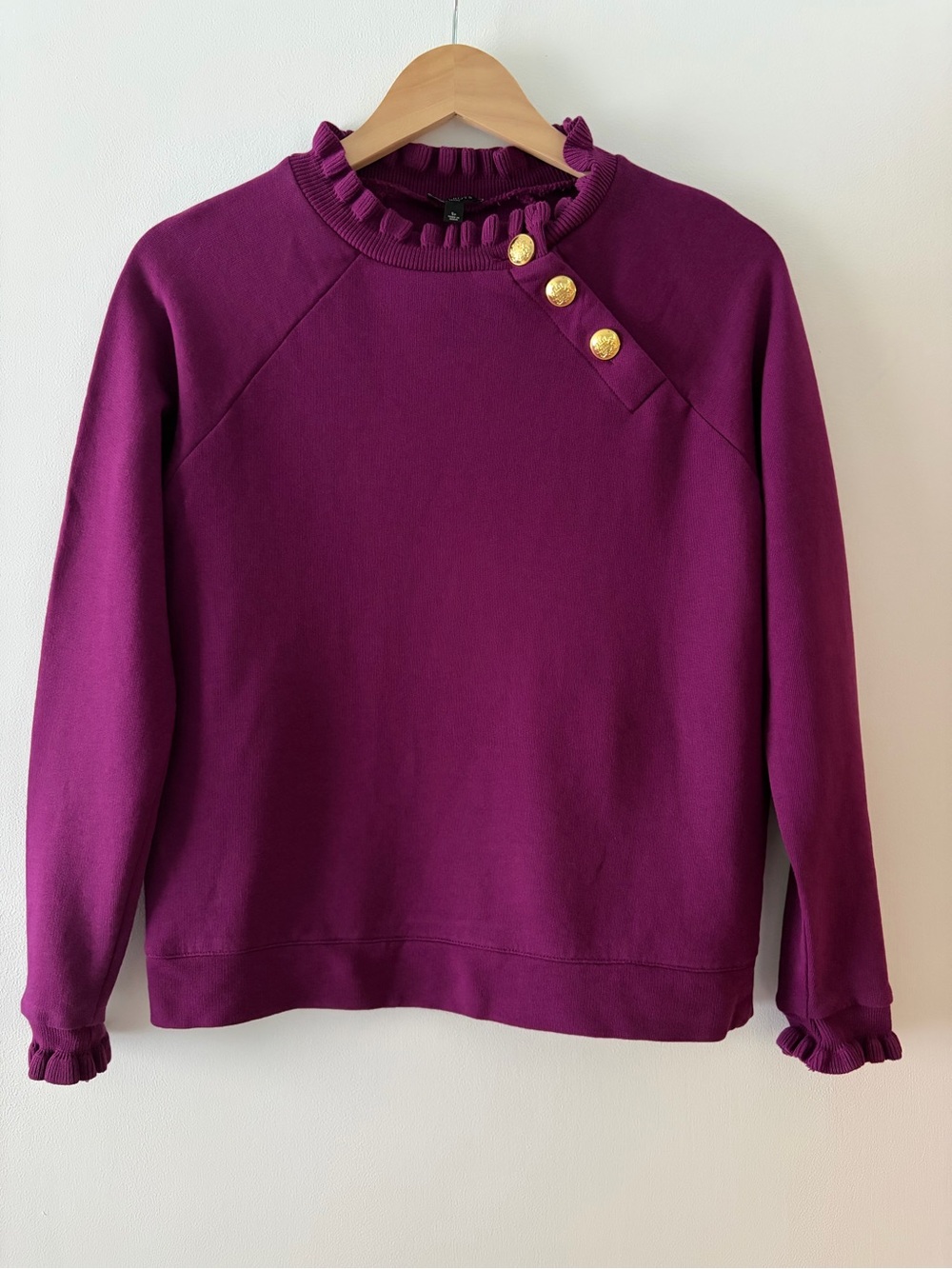 Talbots Purple Orchid Ruffle Trim Raglan Sweatshirt Gold Buttons